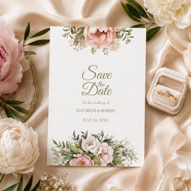 Invitación Guardar la fecha de Peonía Marfil y Rosado (Blush & Ivory Peony Save the Date Invitation)