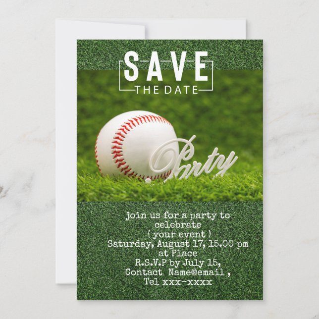 Invitación Guardar la fecha del béisbol para la fiesta (Anverso)