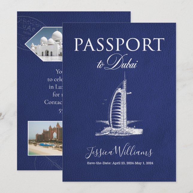 Invitación Guardar la fecha del pasaporte de cuero Dubai (Anverso / Reverso)