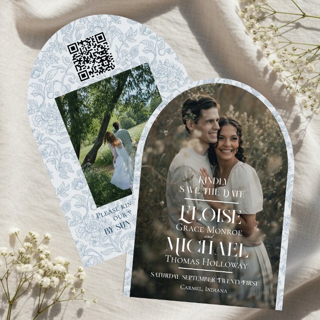 Invitación Guardar la fecha en escritura floral con arco (Formally invite guests to your big day with this Arch Photo Floral Toile Script Save the Date!)