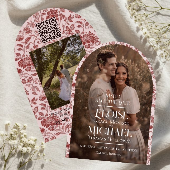 Invitación Guardar la fecha en escritura floral con arco de f (Formally invite guests to your big day with this Arch Photo Floral Toile Script Save the Date!)
