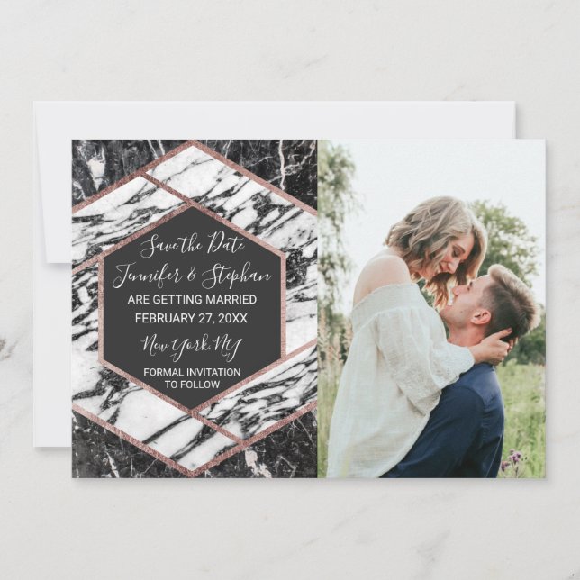 Invitación Guardar la fecha en hexágono con borde de oro rosa (Anverso)