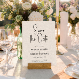 Invitación Guardar la fecha en lino beige claro con letra neg
