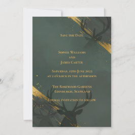 Invitación Guardar la fecha en oro y azul oscuro