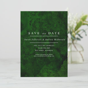 Invitación Guardar la fecha en verde esmeralda y caligrafía p