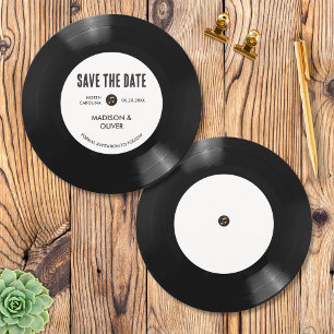 Invitación Guardar la fecha en vinilo retro en blanco y negro
