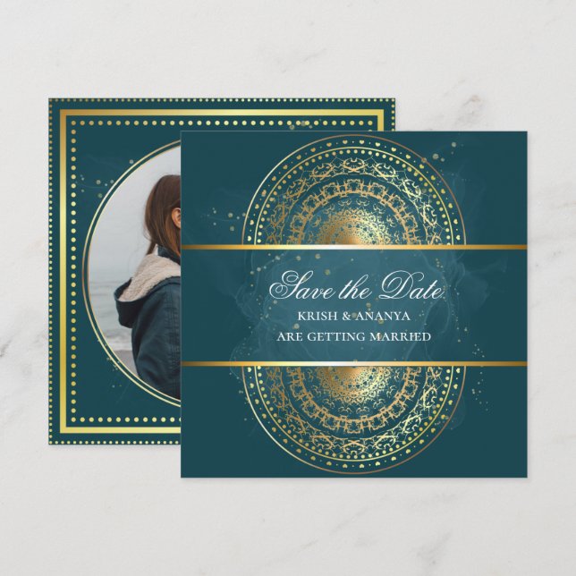 Invitación Guardar la fecha, Exquisito Verde y negro Boda (Anverso / Reverso)