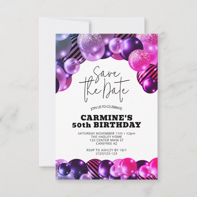 Invitación Guardar la fecha Fiesta de cumpleaños número 50 Fu (Anverso)