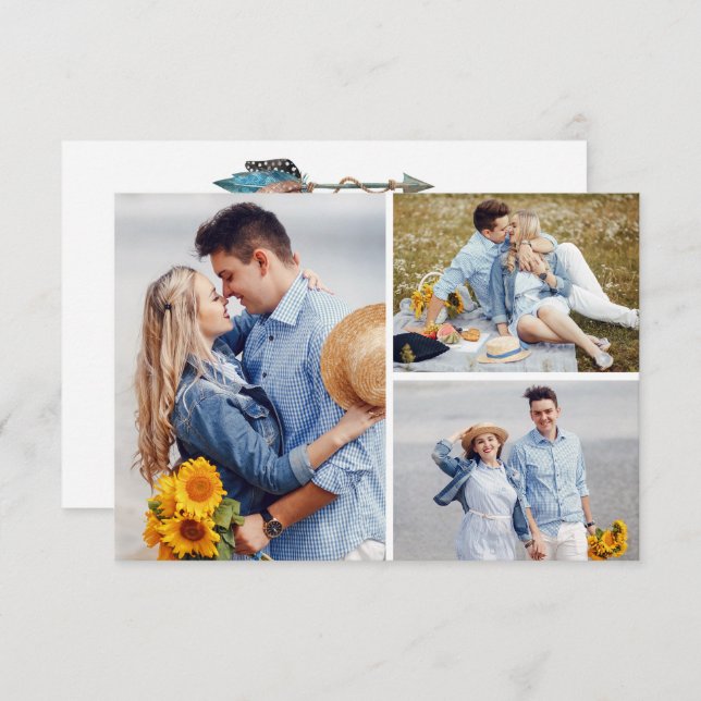 Invitación Guardar la Fecha Flecha de Pluma Turquesa Rústica  (Anverso / Reverso)