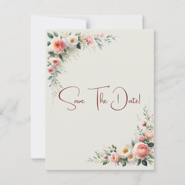 Invitación Guardar la fecha floral blanco y canela (Anverso)