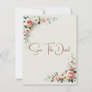 Invitación Guardar la fecha floral blanco y canela