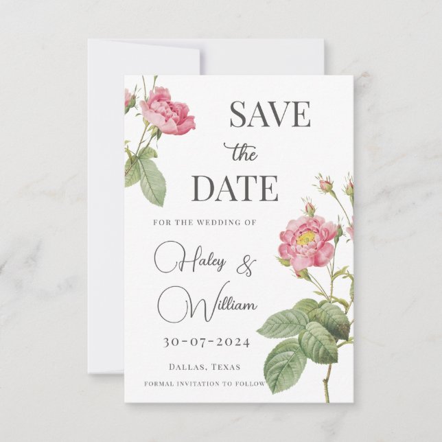 Invitación Guardar la fecha floral botánico Rosa Rosa Chic (Anverso)