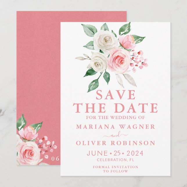 Invitación Guardar la Fecha Floral de Acuarela Rosa Melocotón (Anverso / Reverso)
