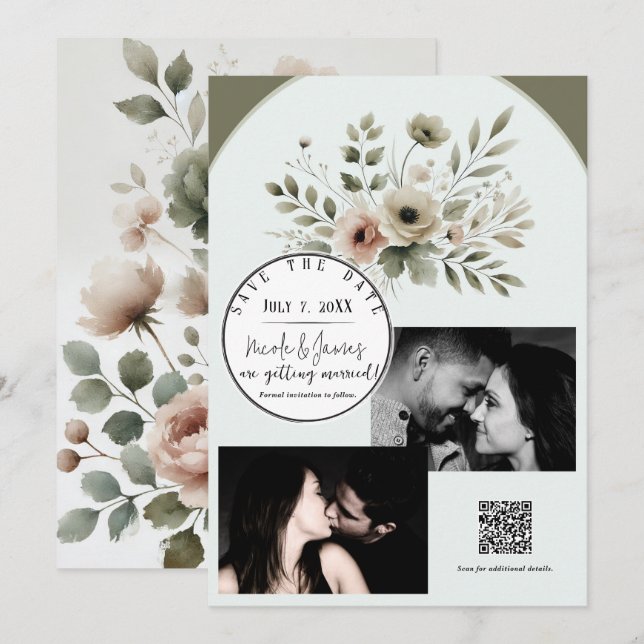 Invitación Guardar la fecha floral de acuarela verde oliva ca (Anverso / Reverso)