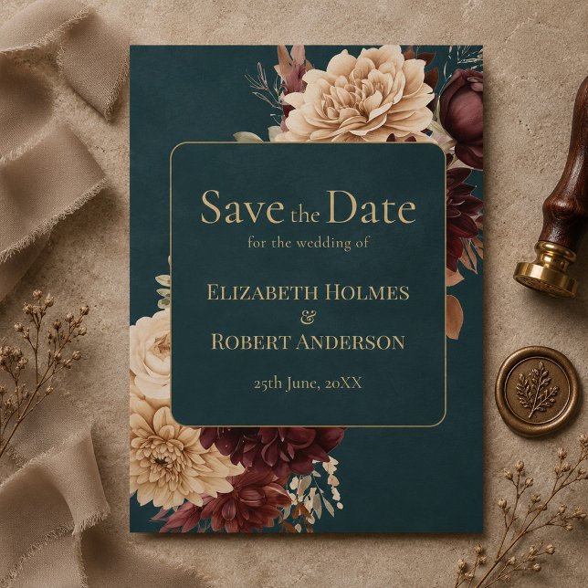 Invitación Guardar la fecha floral gótico azul oscuro (Dark Teal Floral Gothic Save the Date Invitation)