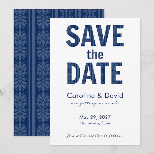 Invitación Guardar la fecha floral moderno Fleur de Lis azul  (Anverso / Reverso)