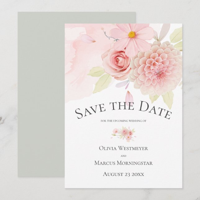 Invitación Guardar la fecha floral pálida rosa Rubor (Anverso / Reverso)