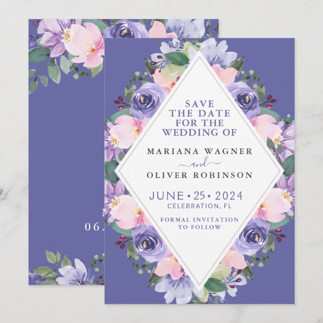 Invitación Guardar la fecha floral púrpura (Anverso / Reverso)