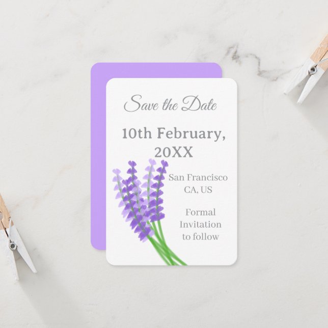 Invitación Guardar la fecha floral púrpura lavanda (Anverso/Reverso In Situ)