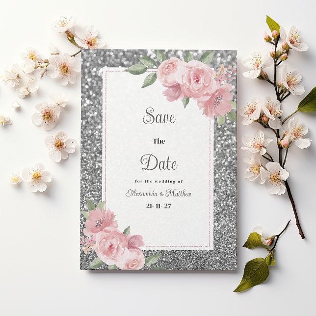 Invitación Guardar la fecha floral rosa con destellos platead (Silver sparkly glitter pink floral Save The Date)