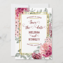 Invitación Guardar la Fecha Floral Rosa Marsala Borgoña Rústi