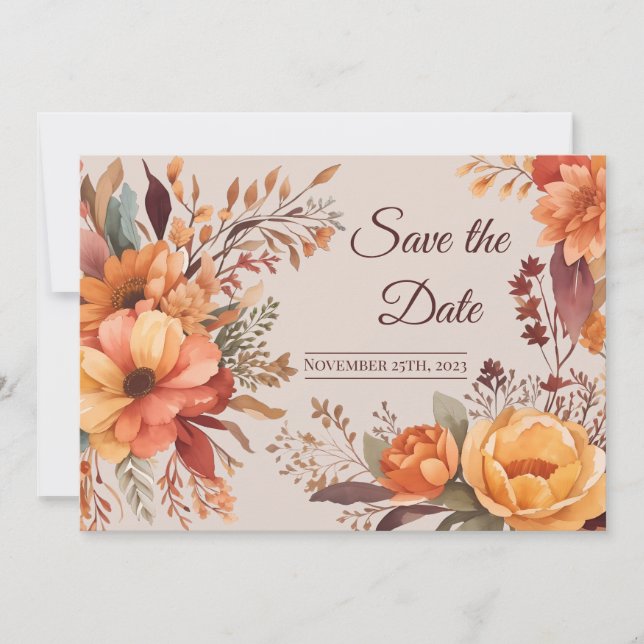 Invitación Guardar la fecha floral rústica acuarela de otoño (Anverso)