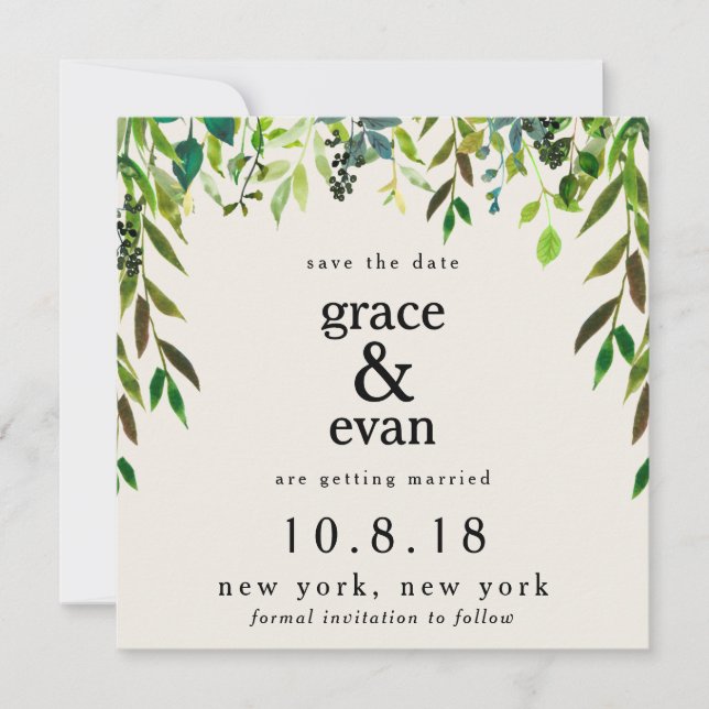 Invitación Guardar la fecha Floral verde Hoja de olivo Corona (Anverso)