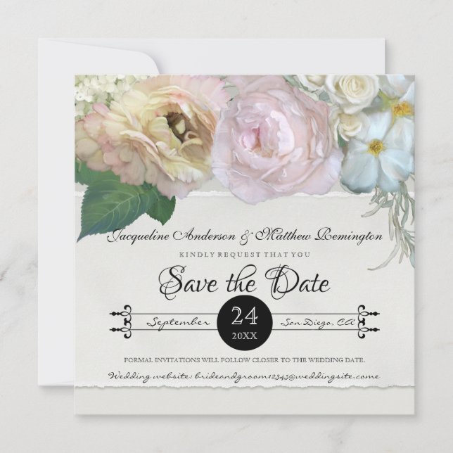 Invitación Guardar la Fecha Flores Gris Ombre Peonías Rosas (Anverso)