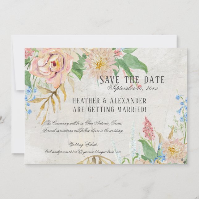 Invitación Guardar la fecha Foto Acuarela Boho Floral Mármol (Anverso)