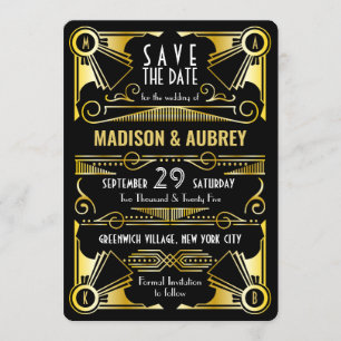 Invitación Guardar la fecha Gatsby Boda Art Deco Oro Negro