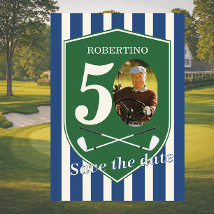Invitación Guardar la fecha Golfista Azul Foto 50 Cumpleaños