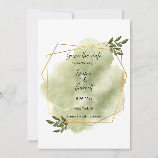 Invitación Guardar la fecha hoja verde moderna (Anverso)