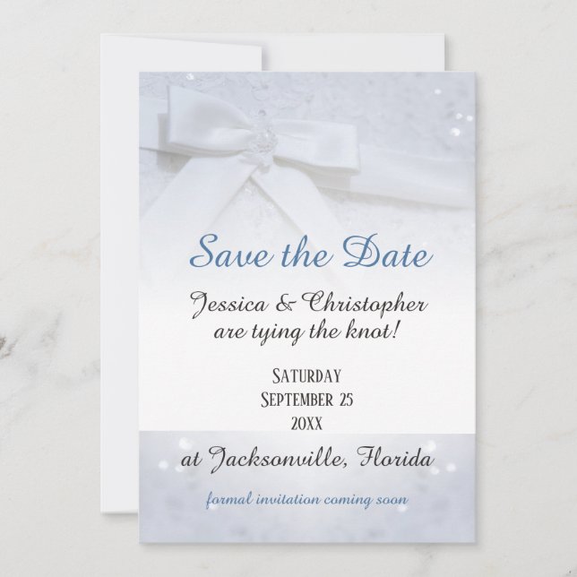 Invitación Guardar la Fecha Lazos Blancos | Atar el Nudo Boda (Anverso)