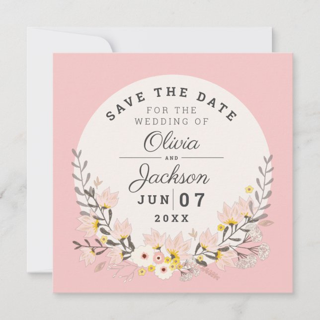 Invitación Guardar la fecha magnético chic floral rosa pálido (Anverso)