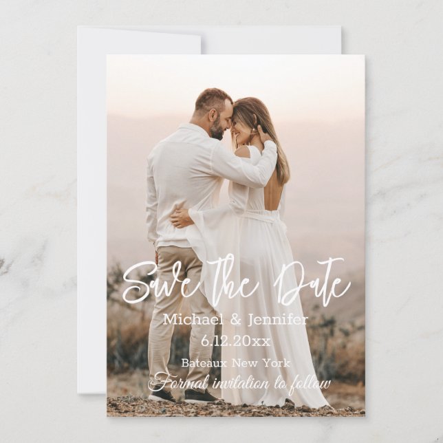 Invitación guardar la fecha, moda foto de boda de caligrafía  (Anverso)
