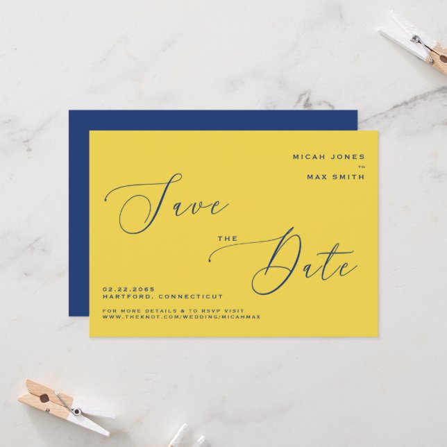 Invitación Guardar la fecha moderno simple amarillo y azul (Anverso/Reverso In Situ)