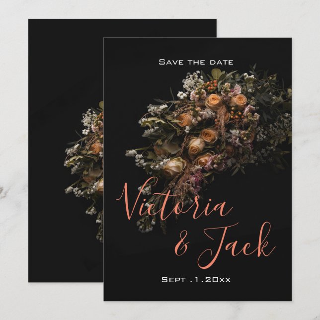 Invitación guardar la fecha moody floral ,naranja floral blan (Anverso / Reverso)