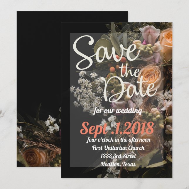 Invitación guardar la fecha moody floral, naranja floral blan (Anverso / Reverso)
