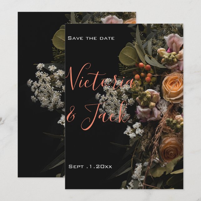 Invitación guardar la fecha moody floral ,naranja floral blan (Anverso / Reverso)