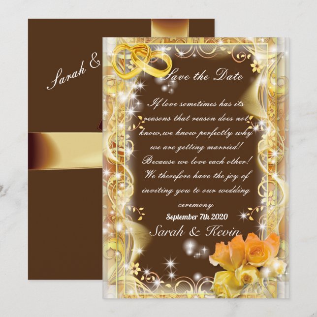 Invitación Guardar la fecha naranja dorado y fondo de acuarel (Anverso / Reverso)