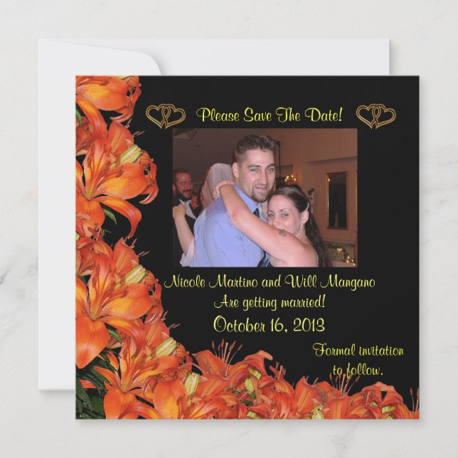Invitación Guardar la fecha naranja lilies floral (Anverso)
