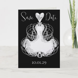 Invitación Guardar la Fecha Negro con Elegante Vestido de Rem