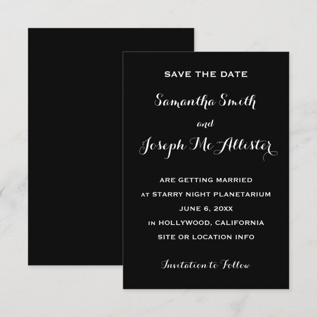 Invitación Guardar la fecha negro minimalista (Anverso / Reverso)
