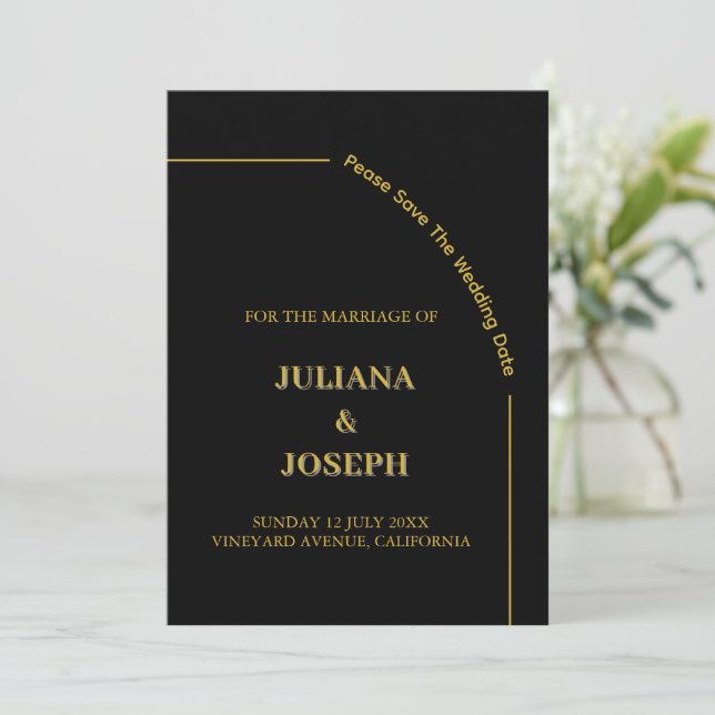 Invitación Guardar la fecha negro y dorado Código QR minimali (Anverso de pie)