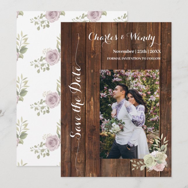 Invitación Guardar la fecha País Rosas púrpura (Anverso / Reverso)