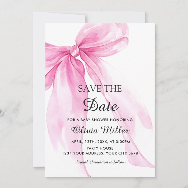Invitación Guardar la fecha para baby shower con lazo de cint (Anverso)
