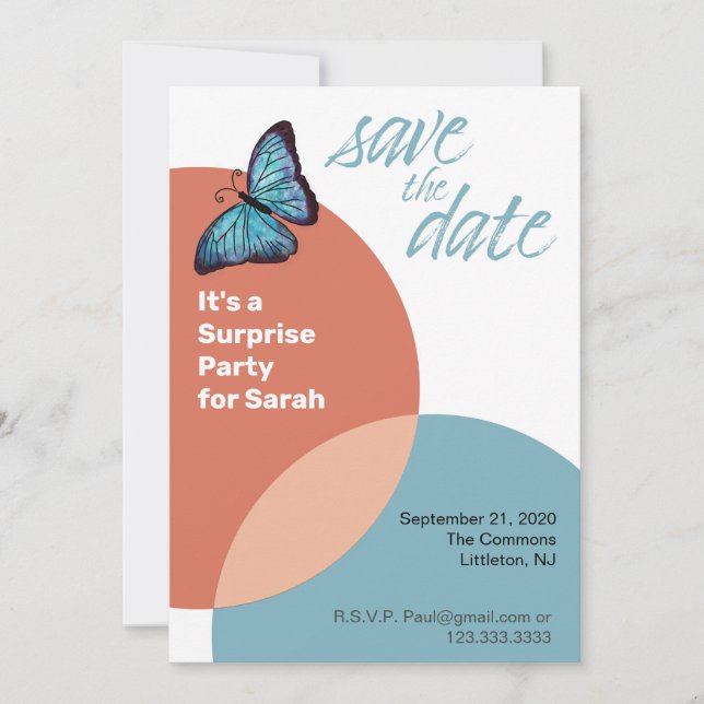 Invitación Guardar la fecha para una fiesta sorpresa o fiesta (Anverso)