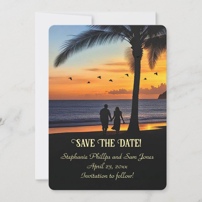 Invitación Guardar la Fecha Pareja de Playa Tropical (Anverso)