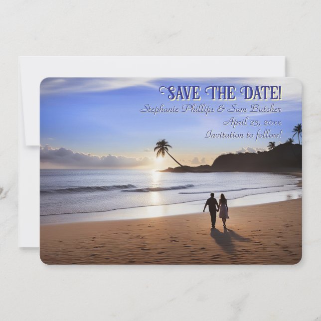 Invitación Guardar la Fecha Pareja Romántica en la Playa (Anverso)