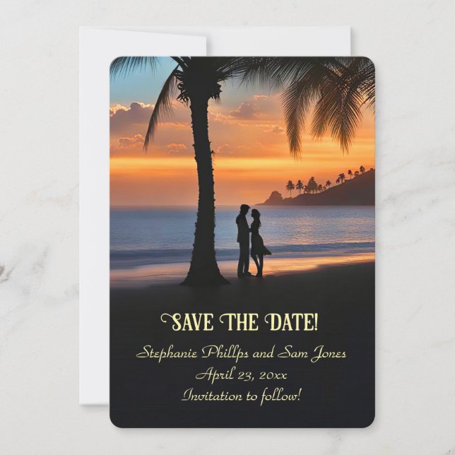 Invitación Guardar la Fecha Pareja Romántica Playa Tropical (Anverso)